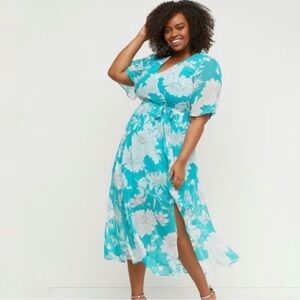 Lane Bryant Aqua Blue Floral Chiffon Midi Dress